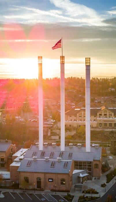 Smokestacks in the Old Mill Shopping District in Bend, Oregon.