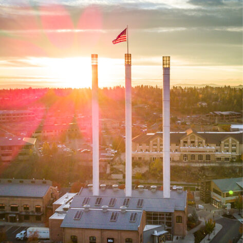 Smokestacks in the Old Mill Shopping District in Bend, Oregon.