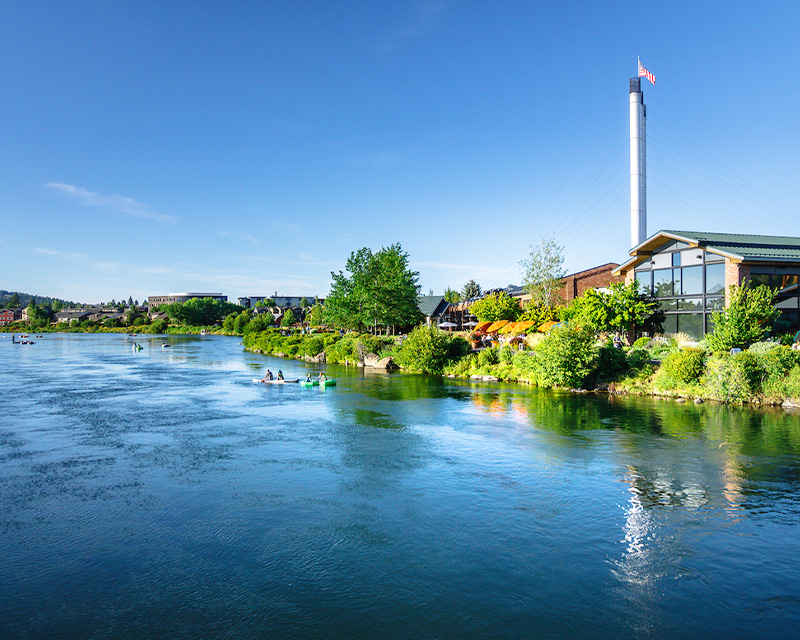 View of the Deschutes River from the Old Mill Shopping District in Bend, Oregon.