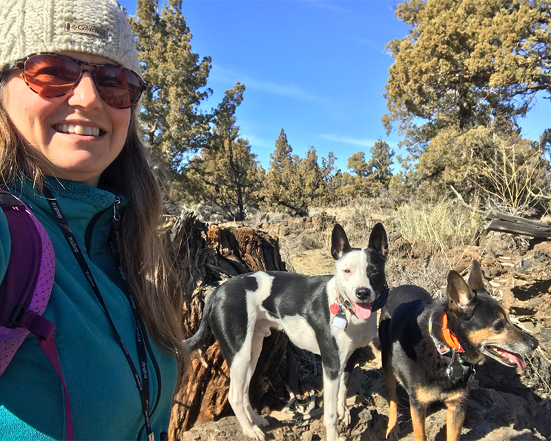 Blogger Tawna and her dogs on the Ancient Juniper Loop in the Oregon Badlands Wilderness. 