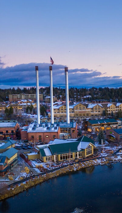 Winter view of the Old Mill District in Bend, Oregon.