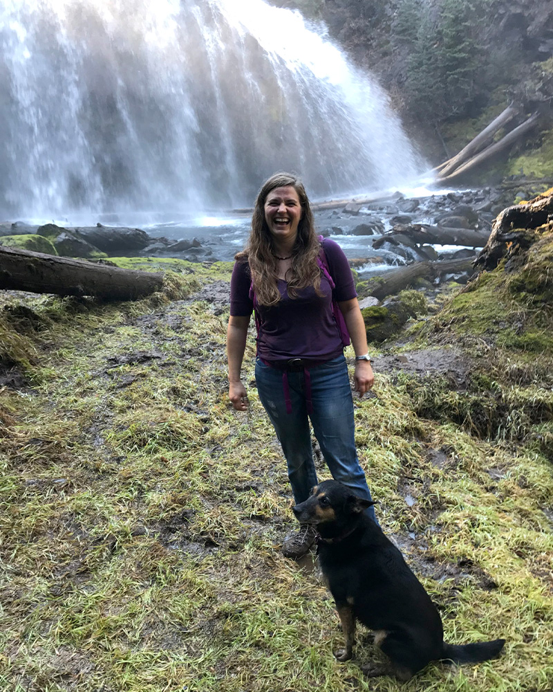 Blogger Tawna looking a little soggy at the edge of Whychus Falls.