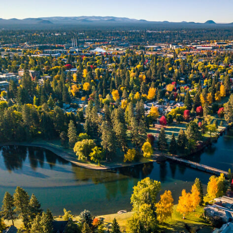 Aerial view of downtown Bend in the fall.