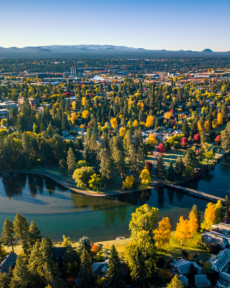 Aerial view of downtown Bend in the fall.