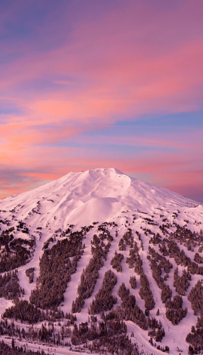 Aerial view of Mt. Bachelor in the winter in Bend, Oregon.