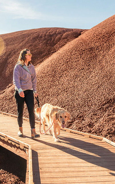 A hiker and their dog on the elevated path at the Painted Hills outside of Bend, Oregon.