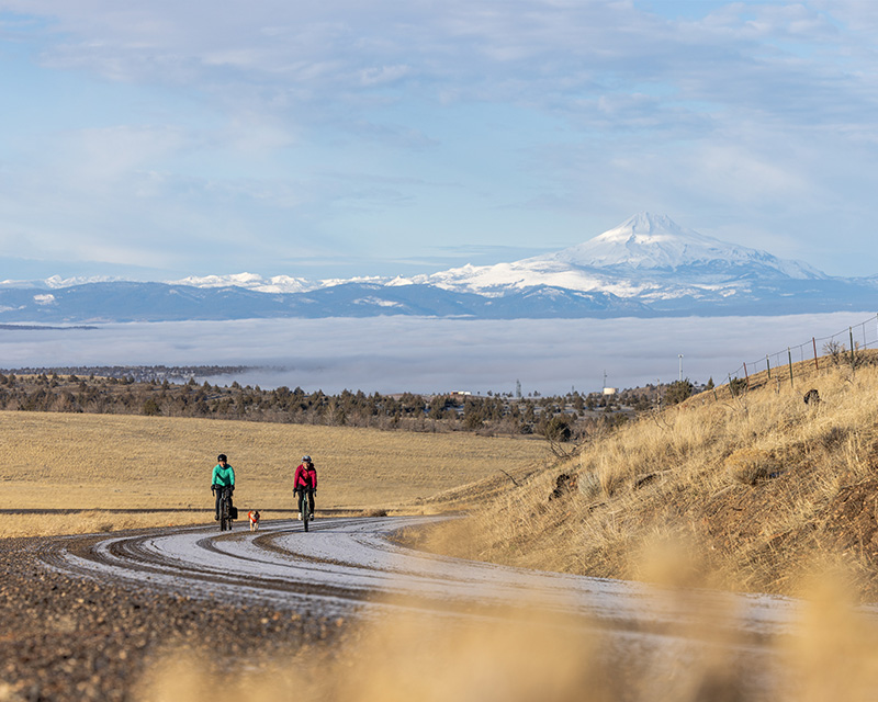 Gravel cycling with a view of Mt Jefferson near Bend, OR