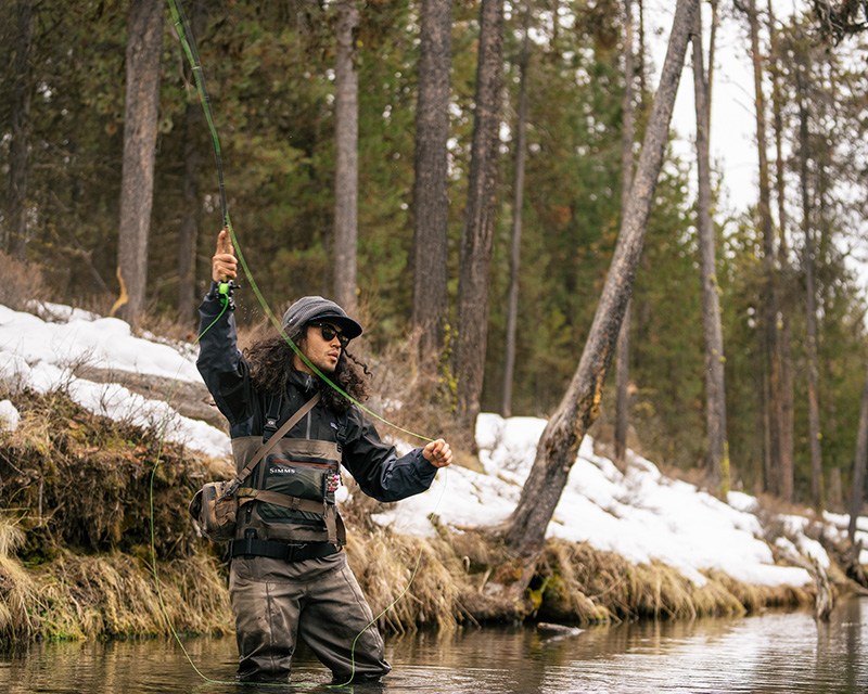 Fly fishing on the Fall River in winter, near Bend, OR