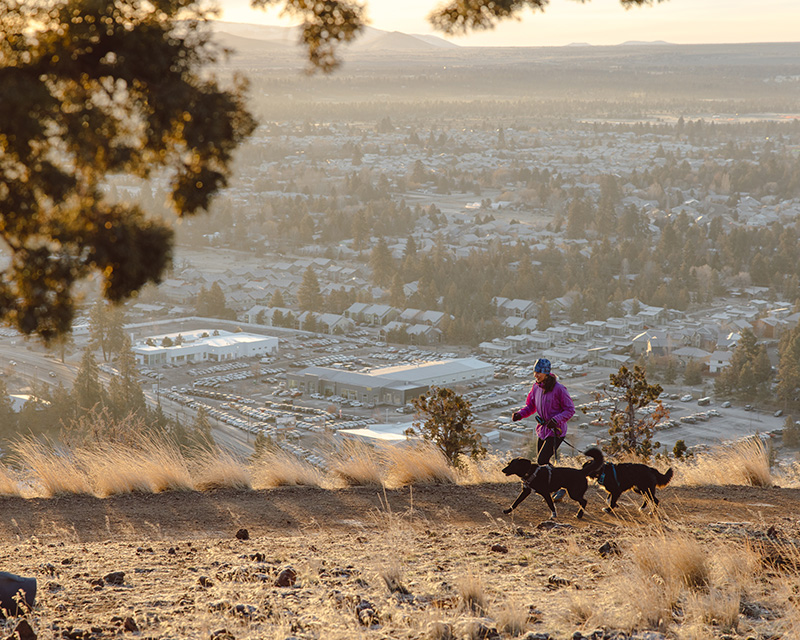 Hiking with dogs up Pilot Butte in Bend, OR