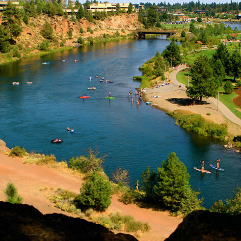 Aerial view of the Deschutes River in Bend, OR