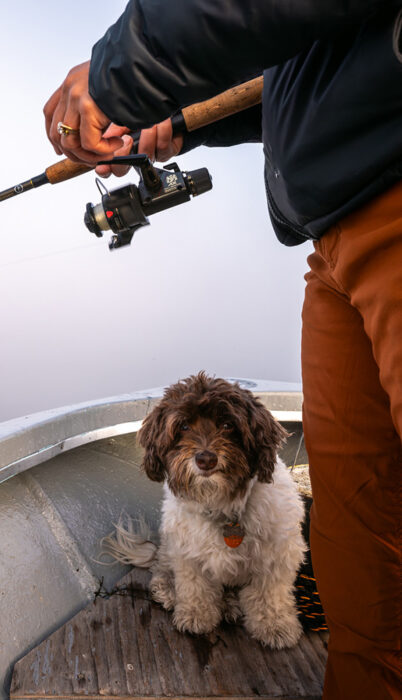 Dog in a fishing boat near Bend, OR