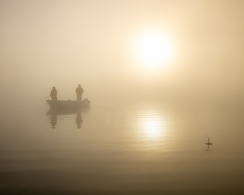 Lake fishing in the fog near Bend, OR