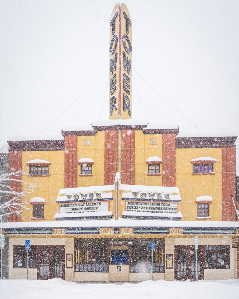 Tower Theatre in the snow in Bend, OR