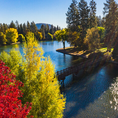 Aerial view of Drake Park in Bend, Oregon in the fall