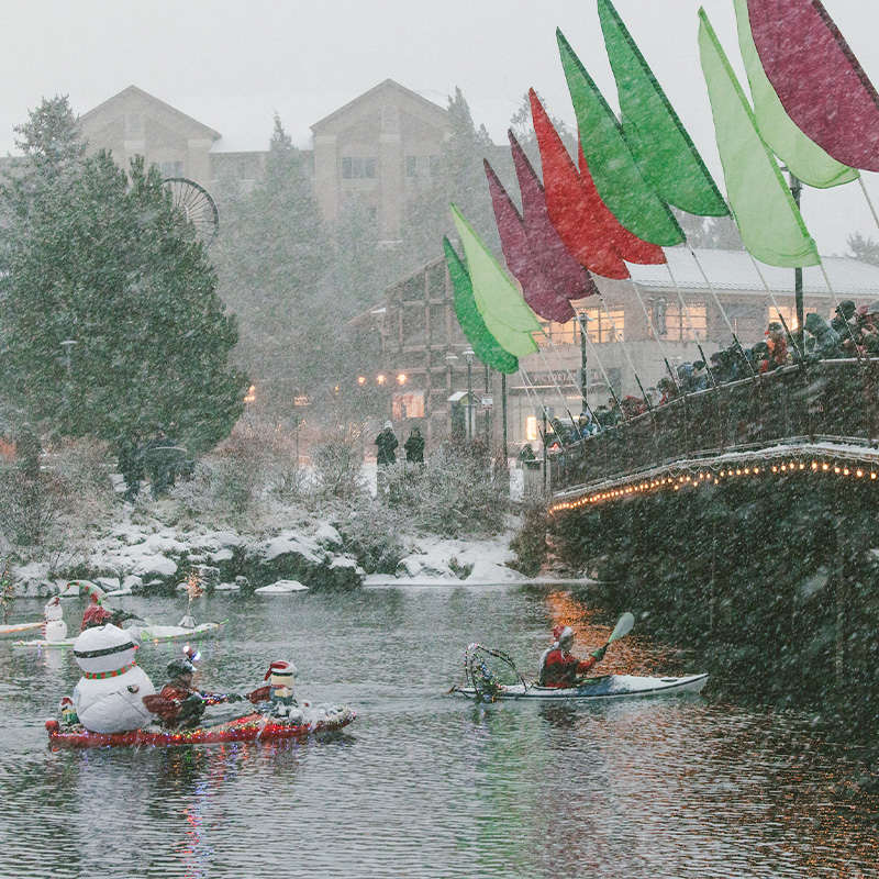 Holiday paddle in the Old Mill District before the Christmas Holiday in Bend, Oregon. 