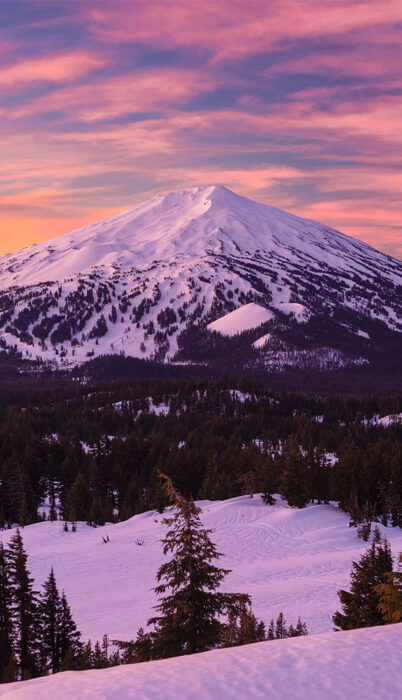 Sunset view of Mt. Bachelor Ski Area in Bend, Oregon.