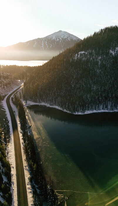 aerial view of the Cascase Lakes Scenic Byway in Bend, OR