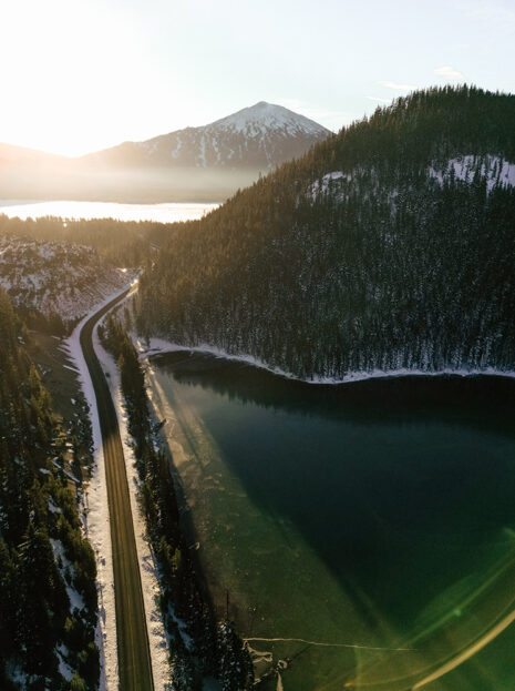 aerial view of the Cascase Lakes Scenic Byway in Bend, OR
