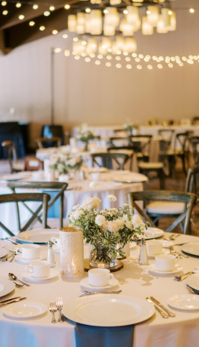 A wedding reception table set for a reception, at the Riverhouse Lodge in Bend, OR