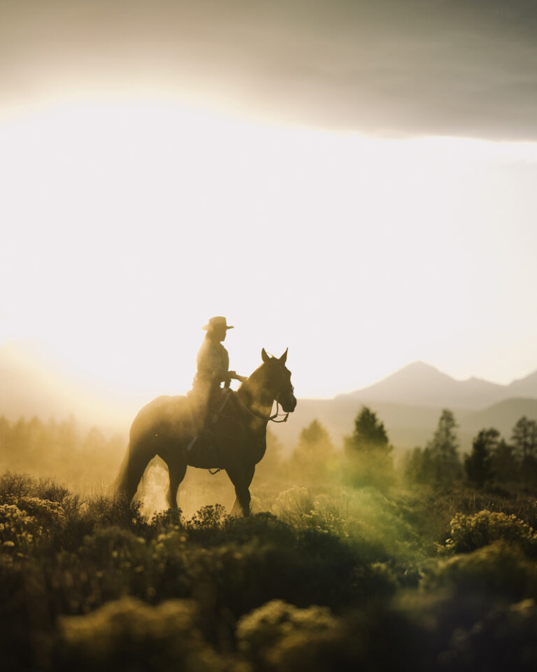 Riding a horse at sunset with a mountain view near Bend, OR