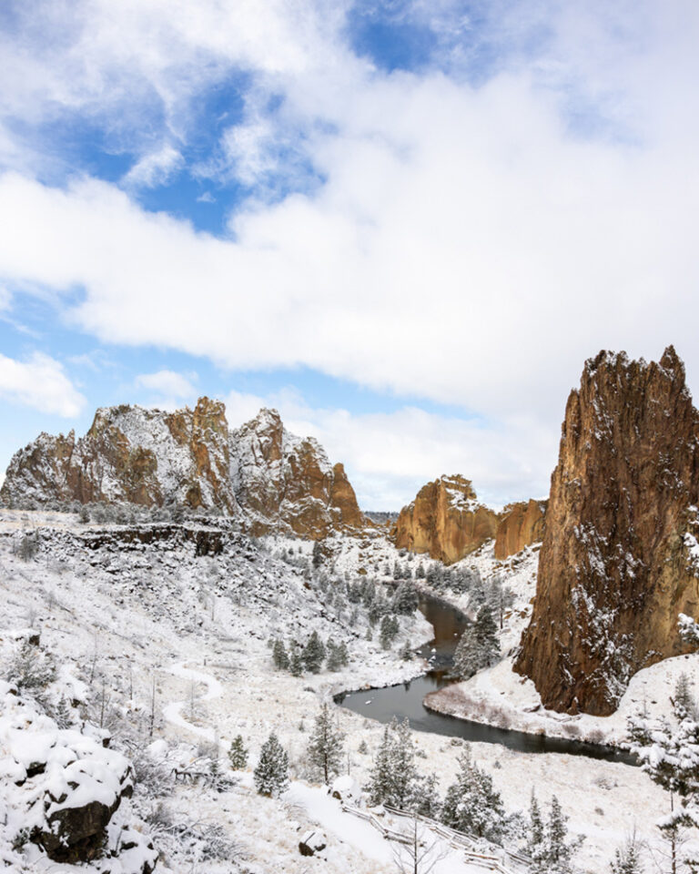 Snow on the ground and blue skies at Smith Rock State Park